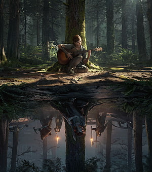 Ellie playing guitar in a forest with a surreal reflection of zombies in The Last of Us Part II HD phone wallpaper