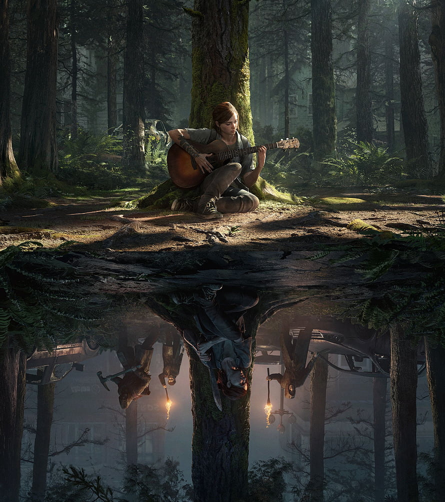 Ellie playing guitar in a forest with a surreal reflection of zombies in The Last of Us Part II HD phone wallpaper