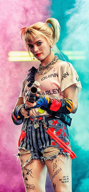 Harley Quinn in Birds of Prey with Baseball Bat and Colorful Smoke Background HD phone wallpaper