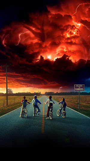 Stranger Things Kids on Bikes Facing Demogorgon Storm Hawkins HD phone wallpaper