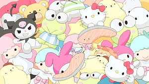 Sanrio Characters Group Illustration with Hello Kitty, Kuromi, My Melody, Kerokerokeroppi, and Pochacco HD wallpaper