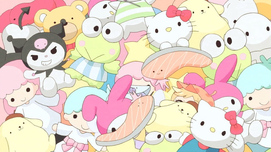 Sanrio Characters Group Illustration with Hello Kitty, Kuromi, My Melody, Kerokerokeroppi, and Pochacco HD wallpaper