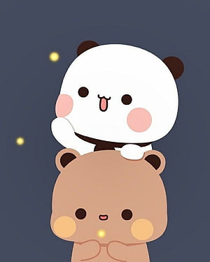 Cute cartoon panda riding on a brown bear's head with a happy expression and glowing stars in the background HD phone wallpaper