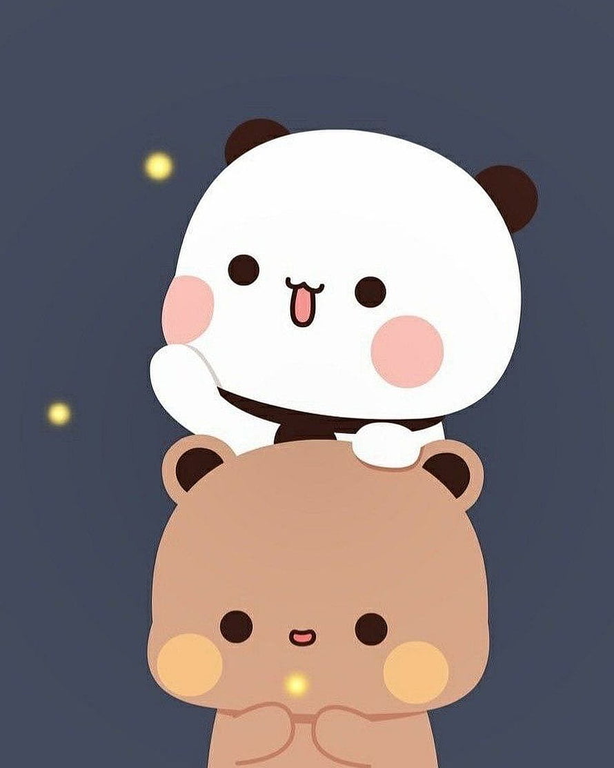 Cute cartoon panda riding on a brown bear's head with a happy expression and glowing stars in the background HD phone wallpaper