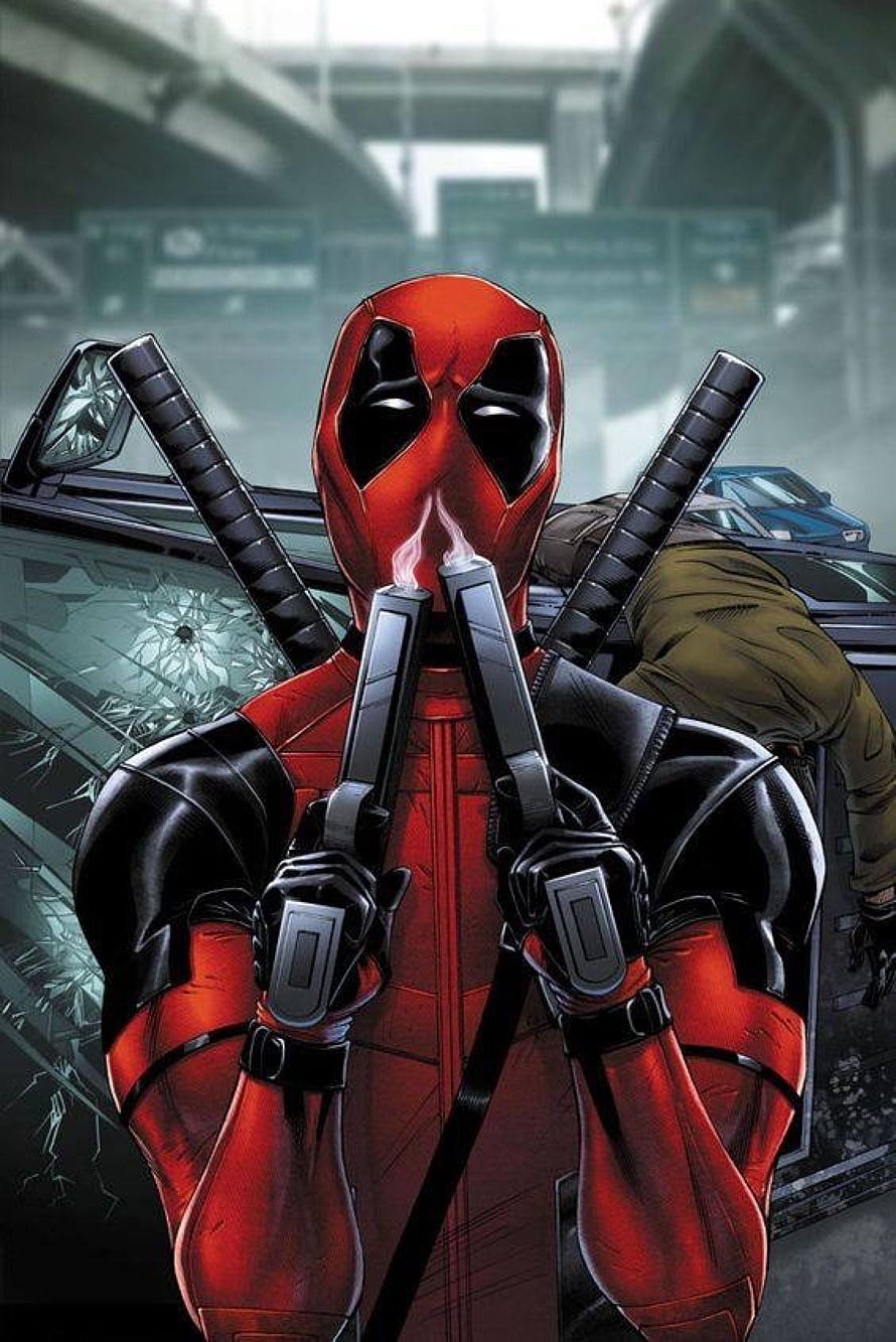 Deadpool Comic Art Holding Dual Pistols with Katana Swords on Back HD phone wallpaper