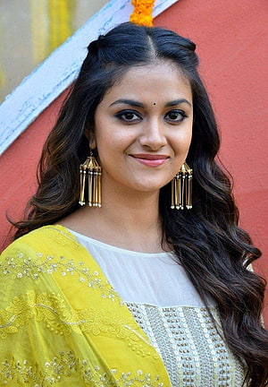 Keerthi Suresh in Yellow Embroidered Saree with Gold Jhumka Earrings HD phone wallpaper