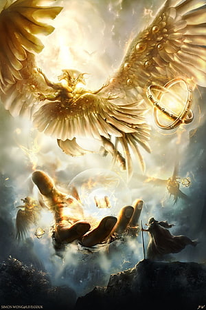 Epic Fantasy Artwork Featuring Golden Winged Angel and Giant Hand HD phone wallpaper