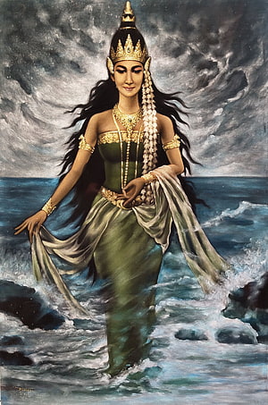 Nyi Roro Kidul Sea Goddess in Green Attire Walking Through Ocean Waves HD phone wallpaper