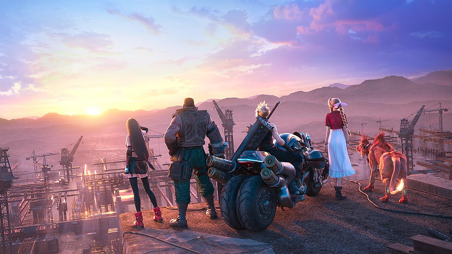 Final Fantasy VII Remake Intergrade Characters Gazing at Sunset Over Industrial City HD wallpaper