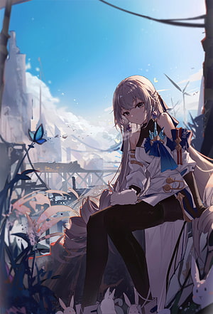Anime Girl With Silver Hair Sitting Amidst Rabbits And Blue Butterflies In A Ruined Cityscape HD phone wallpaper