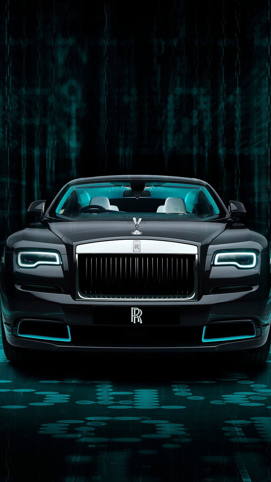 Rolls Royce Wraith Kryptos Front View with Cyan LED Accents in Dark Digital Setting HD phone wallpaper