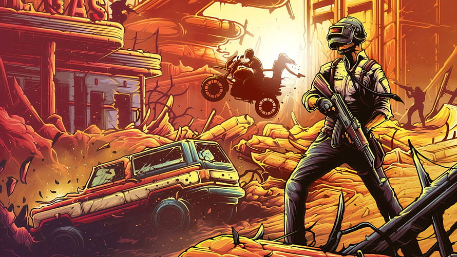 Post-Apocalyptic Wasteland Warrior with Rifle and Motorcycle Action Scene HD wallpaper