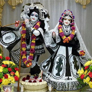 Radha Krishna idols dressed in black and white traditional attire with floral garlands HD phone wallpaper