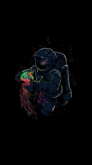 Astronaut Holding Glowing Jellyfish in Deep Space Digital Art HD phone wallpaper