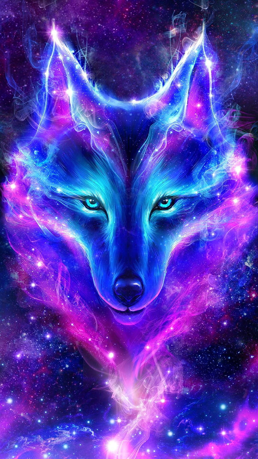 Mystical Cosmic Wolf Head With Glowing Blue Eyes And Purple Nebula Background HD phone wallpaper