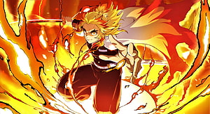 Kyojuro Rengoku Wielding Katana Amidst Blazing Flames in Demon Slayer Anime Art HD wallpaper