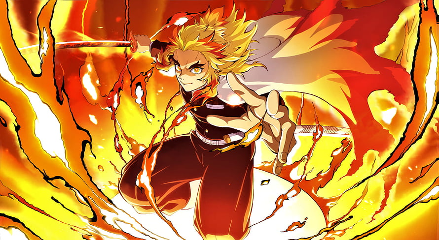 Kyojuro Rengoku Wielding Katana Amidst Blazing Flames in Demon Slayer Anime Art HD wallpaper