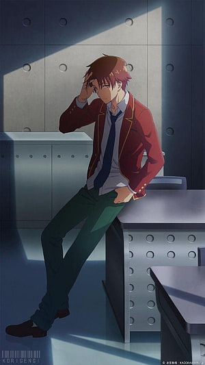 Shun Kaito from The Promised Neverland leaning against a desk in a red blazer HD phone wallpaper