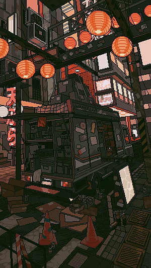 Pixel Art Cyberpunk Street Scene With Food Truck And Lanterns HD phone wallpaper