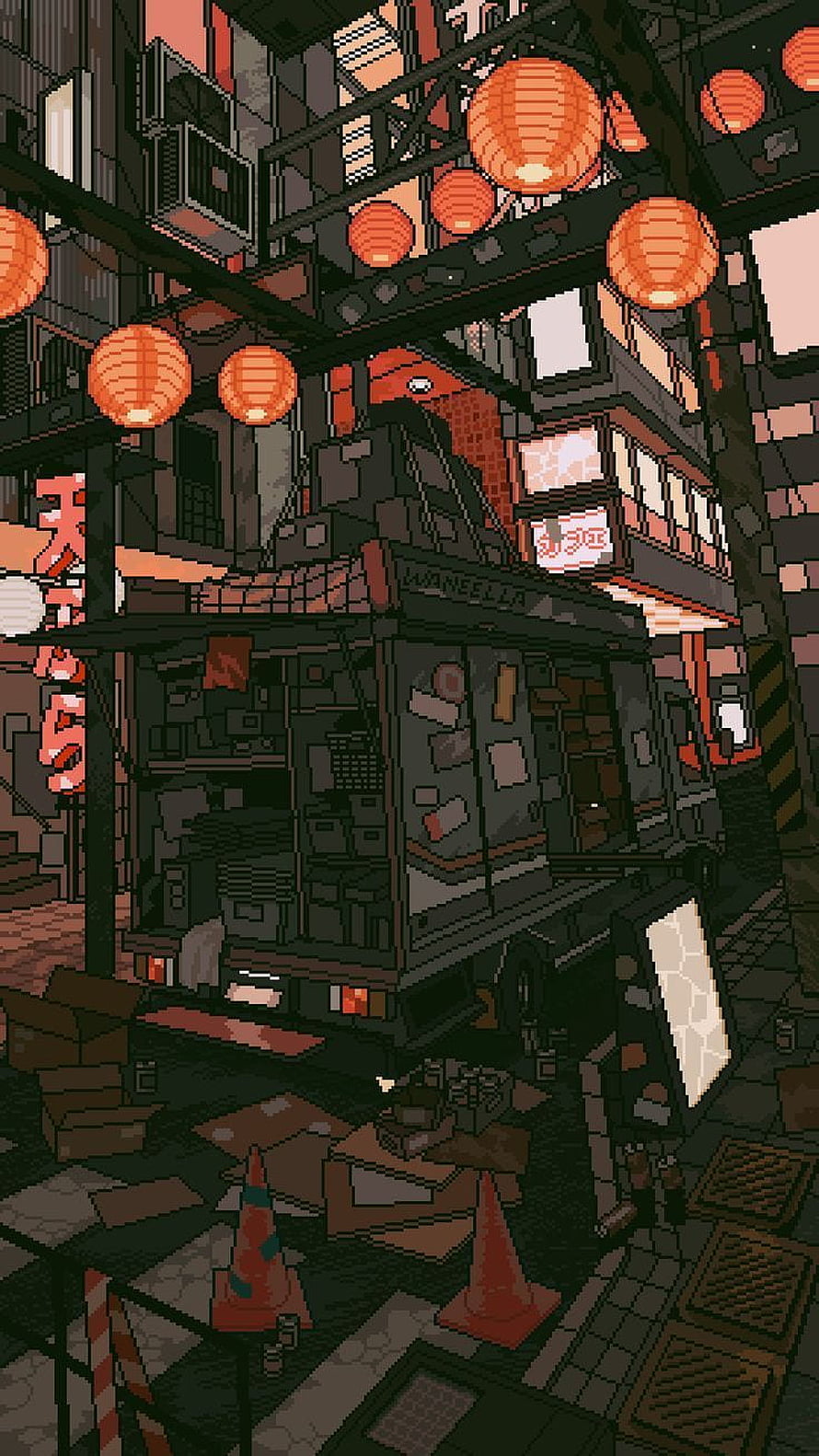 Pixel Art Cyberpunk Street Scene With Food Truck And Lanterns HD phone wallpaper
