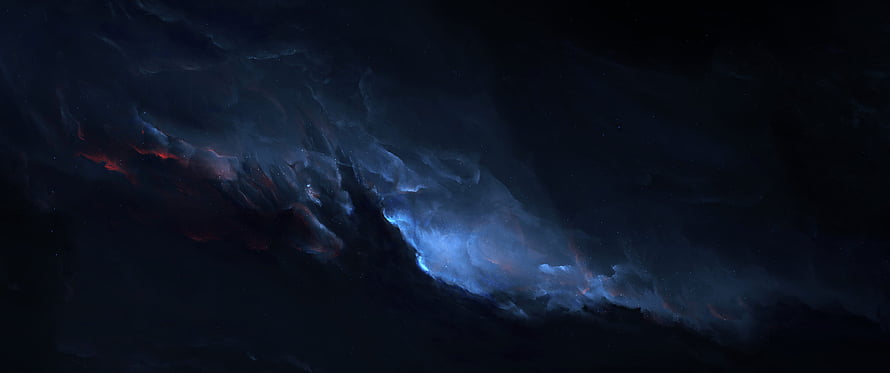 Dark Cosmic Nebula with Glowing Blue and Red Clouds in Deep Space HD wallpaper