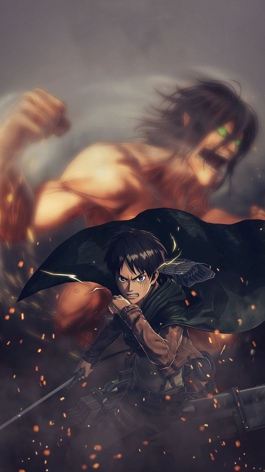 Eren Yeager and the Attack Titan in a fierce battle scene from Attack on Titan anime HD phone wallpaper