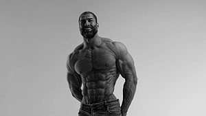 Black and white portrait of a muscular man with defined abs and beard smiling confidently, Yours Faithfully, Average Person:' GigaChad Finally Opens Up On The Memes, giga chad HD wallpaper