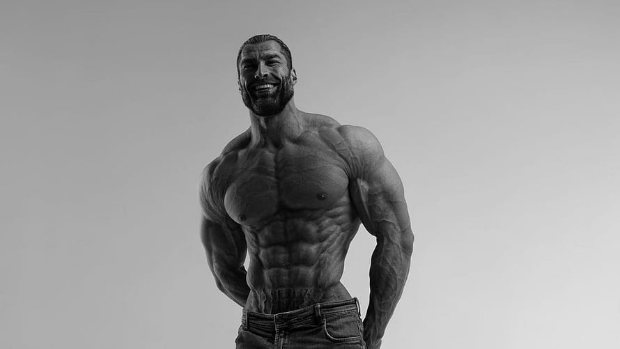 Black and white portrait of a muscular man with defined abs and beard smiling confidently, Yours Faithfully, Average Person:' GigaChad Finally Opens Up On The Memes, giga chad HD wallpaper