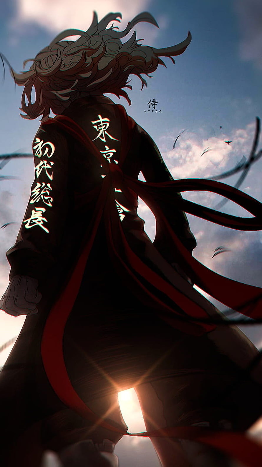 Mikey from Tokyo Revengers in a dramatic low-angle anime illustration with flowing red sash and glowing kanji HD phone wallpaper