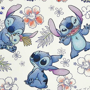 Stitch Kawaii Pattern with Tropical Hibiscus Flowers and Watercolor Illustration HD phone wallpaper