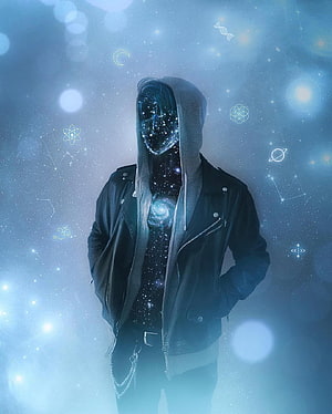Mysterious hooded figure with a galaxy face and cosmic symbols in a blue starry background HD phone wallpaper