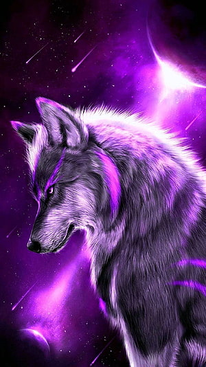 Mystical Purple Wolf in Cosmic Space with Shooting Stars and Nebula HD phone wallpaper