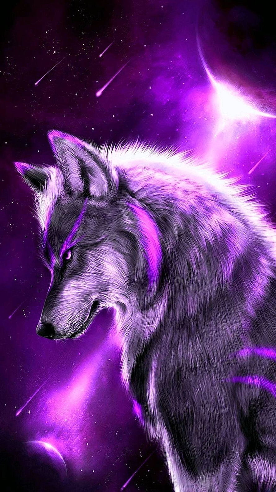 Mystical Purple Wolf in Cosmic Space with Shooting Stars and Nebula HD phone wallpaper