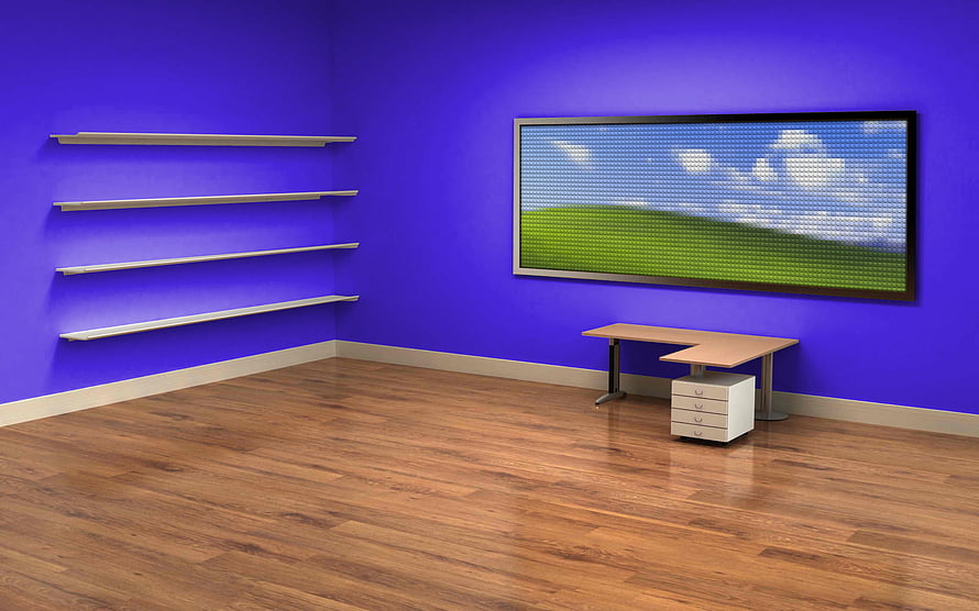 Modern Office Interior With Blue Walls, Floating Shelves, and Large Wall Display HD wallpaper