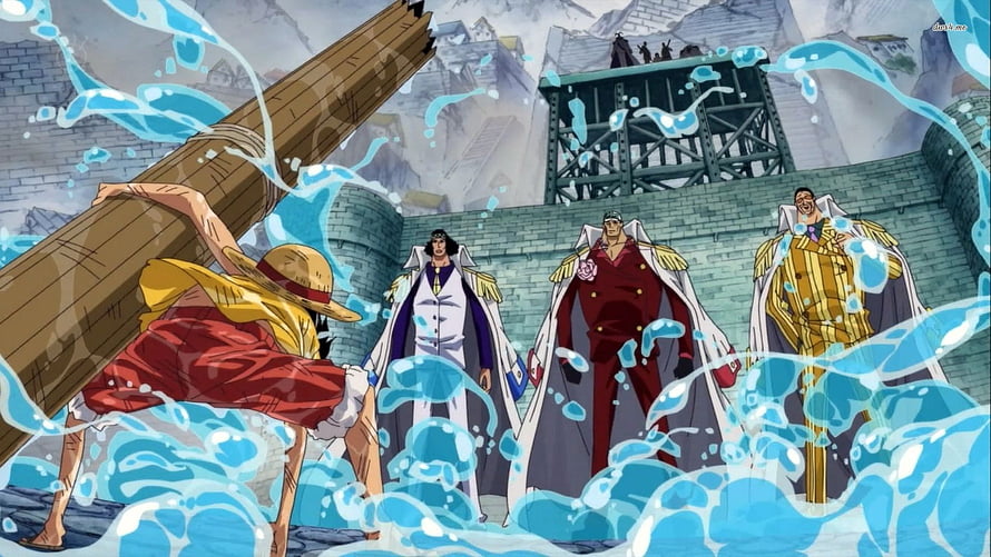 One Piece Anime Scene Featuring Monkey D. Luffy and The Three Admirals HD wallpaper