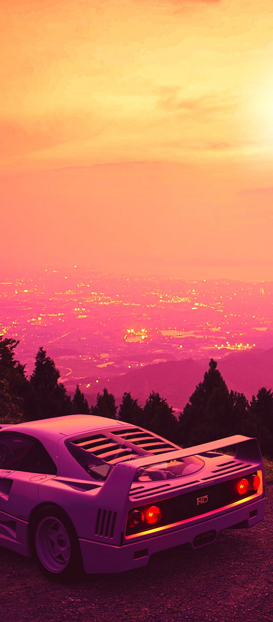 Retro Outrun Aesthetic: White Sports Car on Hilltop at Vibrant Sunset HD phone wallpaper