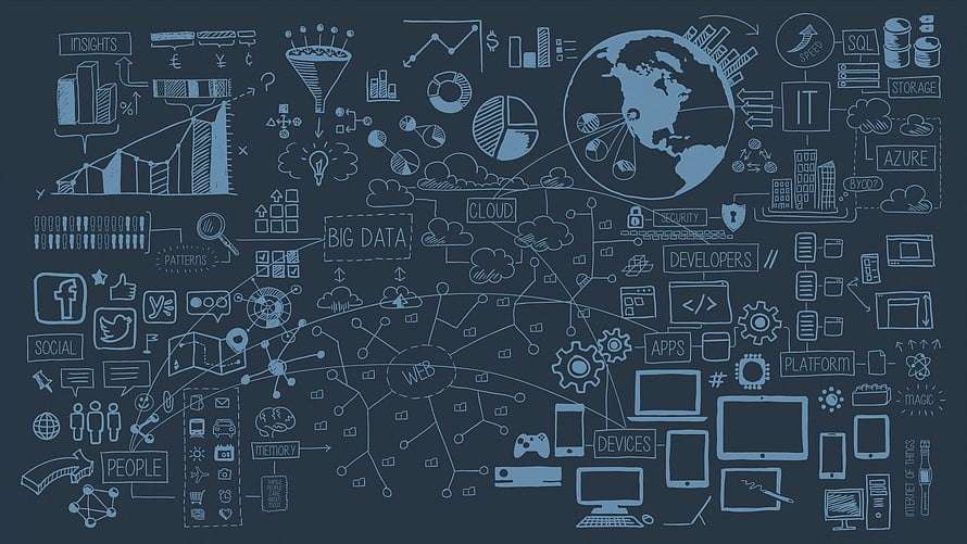 Hand-drawn digital technology and big data concept illustration on dark background HD wallpaper