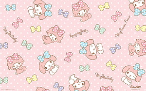 My Melody and Cinnamoroll pastel pattern with bows on pink polka dot background HD wallpaper