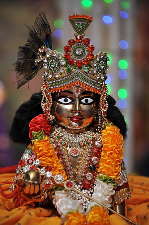 Ornate Krishna Idol with Peacock Feather Crown and Floral Garlands HD phone wallpaper