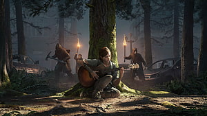 Ellie Playing Guitar in Forest Surrounded by Hostiles in The Last of Us Part II HD wallpaper