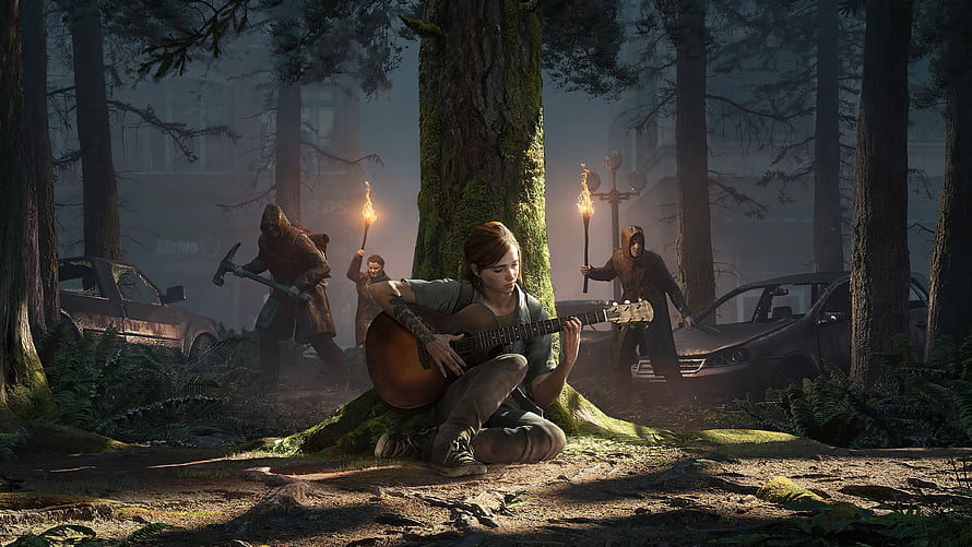 Ellie Playing Guitar in Forest Surrounded by Hostiles in The Last of Us Part II HD wallpaper