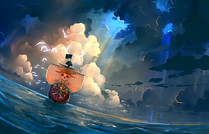 Thousand Sunny sailing through dramatic stormy seas with golden sunlight breaking through dark clouds HD wallpaper