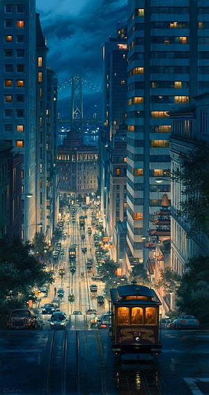 San Francisco Night Cityscape with Cable Car and Bay Bridge HD phone wallpaper