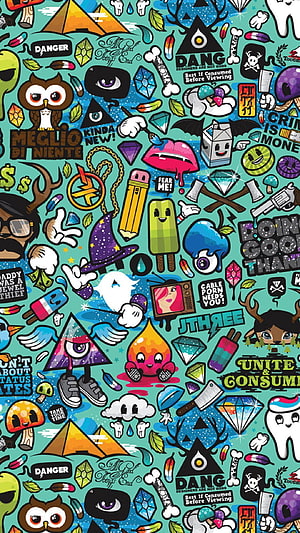 Colorful Doodle Pattern With Stickers, Mascots, And Pop Culture Icons On Teal Background HD phone wallpaper