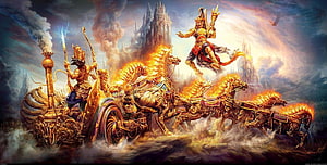 Epic Mahabharata Battle Scene With Divine Chariot And Fire Horses HD wallpaper