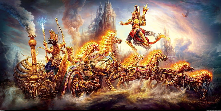 Epic Mahabharata Battle Scene With Divine Chariot And Fire Horses HD wallpaper