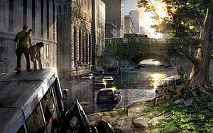 The Last of Us Post-Apocalyptic Cityscape with Overgrown Streets and Flooded Vehicles HD wallpaper