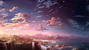 Anime Landscape Artwork Featuring Waterfall, Mountains, and Starry Twilight Sky HD wallpaper