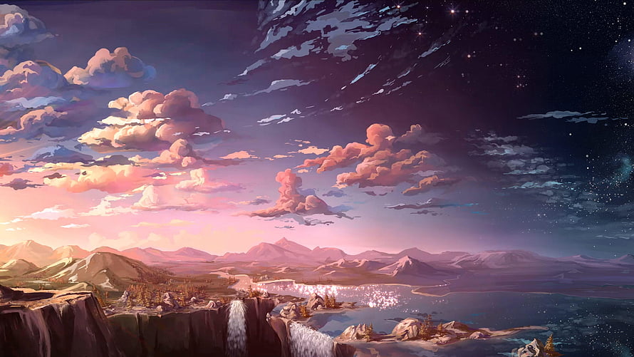 Anime Landscape Artwork Featuring Waterfall, Mountains, and Starry Twilight Sky HD wallpaper