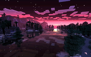 Minecraft Voxel Landscape With Pink Sunset Sky And Reflective Water HD wallpaper